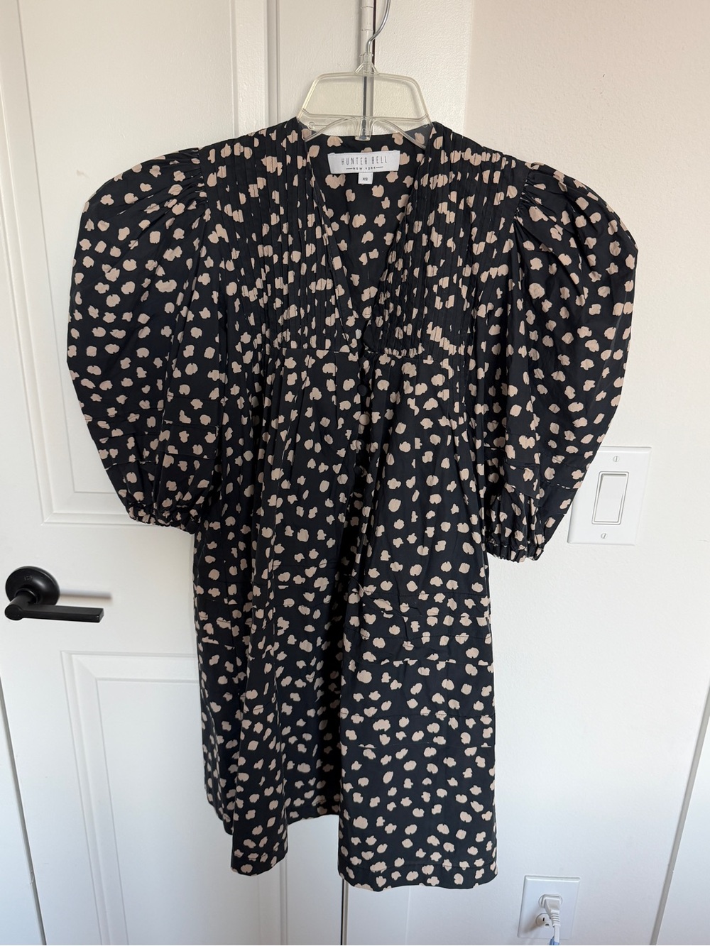 Hunter Bell Jenkins Black Puff-Sleeve Dress with Beige Spot Print